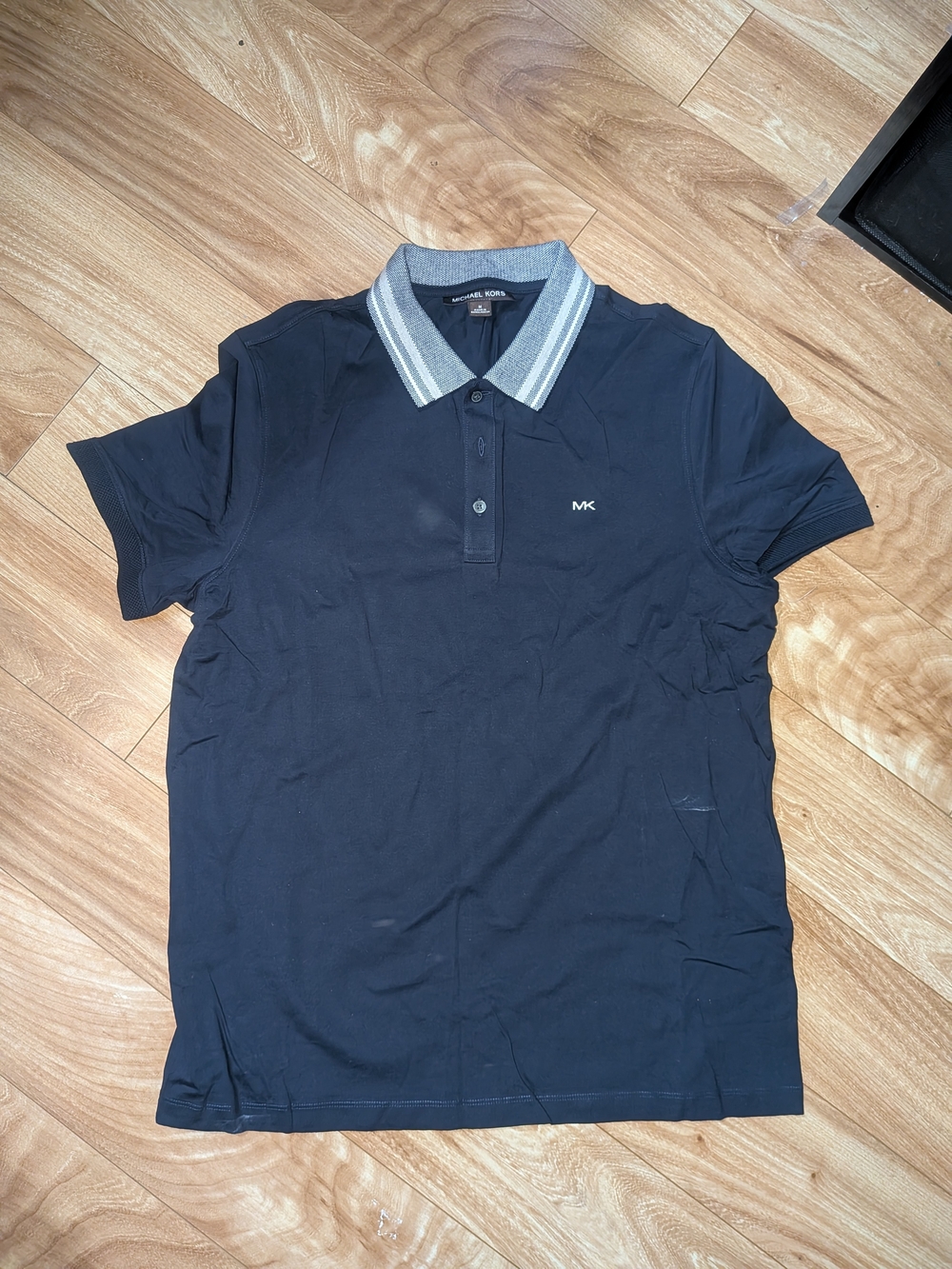 Michael Kors Navy Polo with Gray Contrast Striped Collar